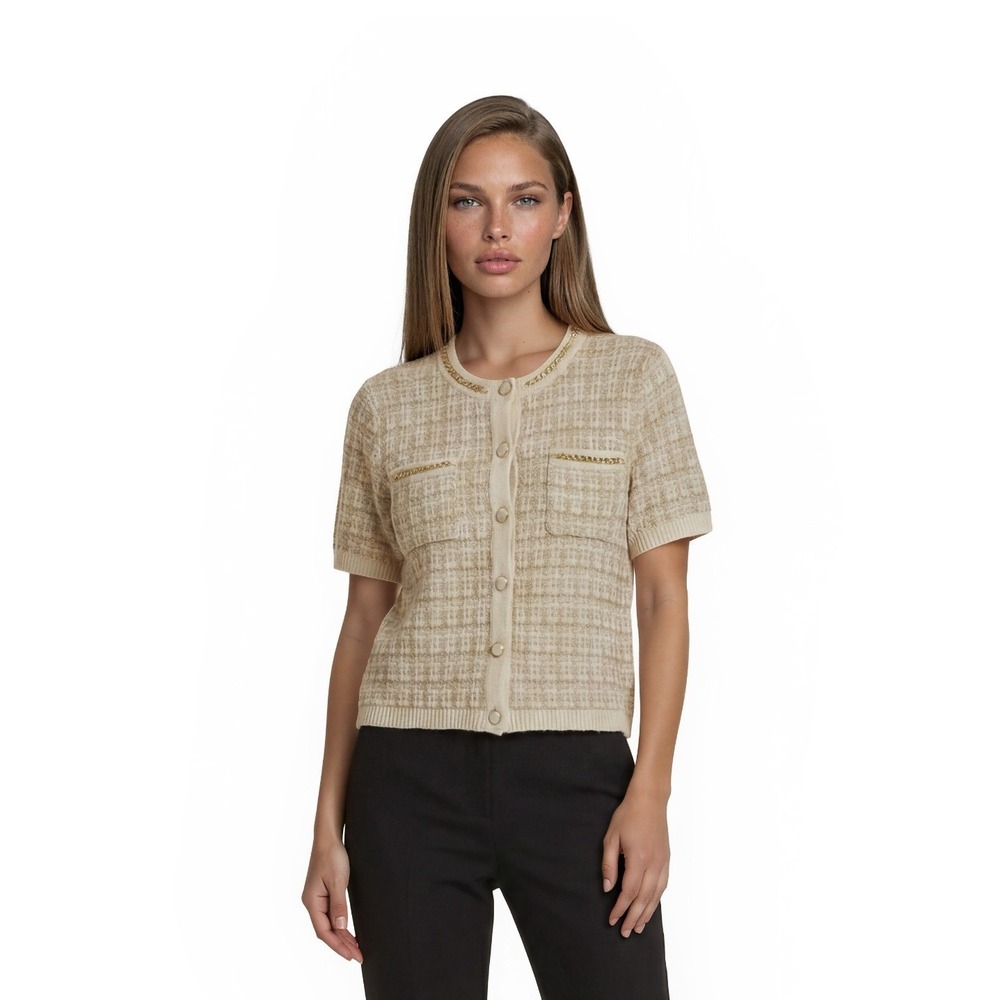 Talbots Cardigan Sweater Women's Size XL Cream Gold Metallic Trim Short Sleeve‎